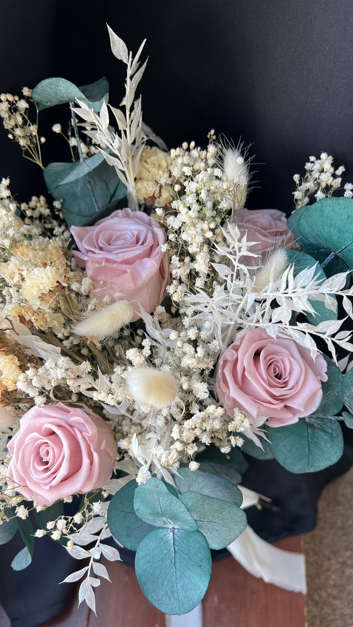 Pink Bridal Bouquet with Roses, Gypsophila and Eucalyptus