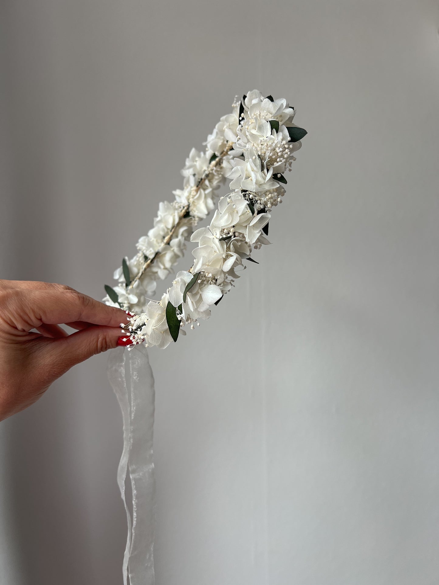 White Flower Crown with Preserved Hydrangeas, Babys Breath and Eucalyptus Leaves