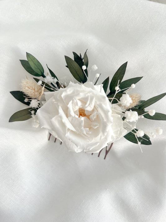 Wedding Hair Accessories, Bridal Dried Flower Comb with French Garden Rose, Babys Breath Gypsophila and Eucalyptus Leaves