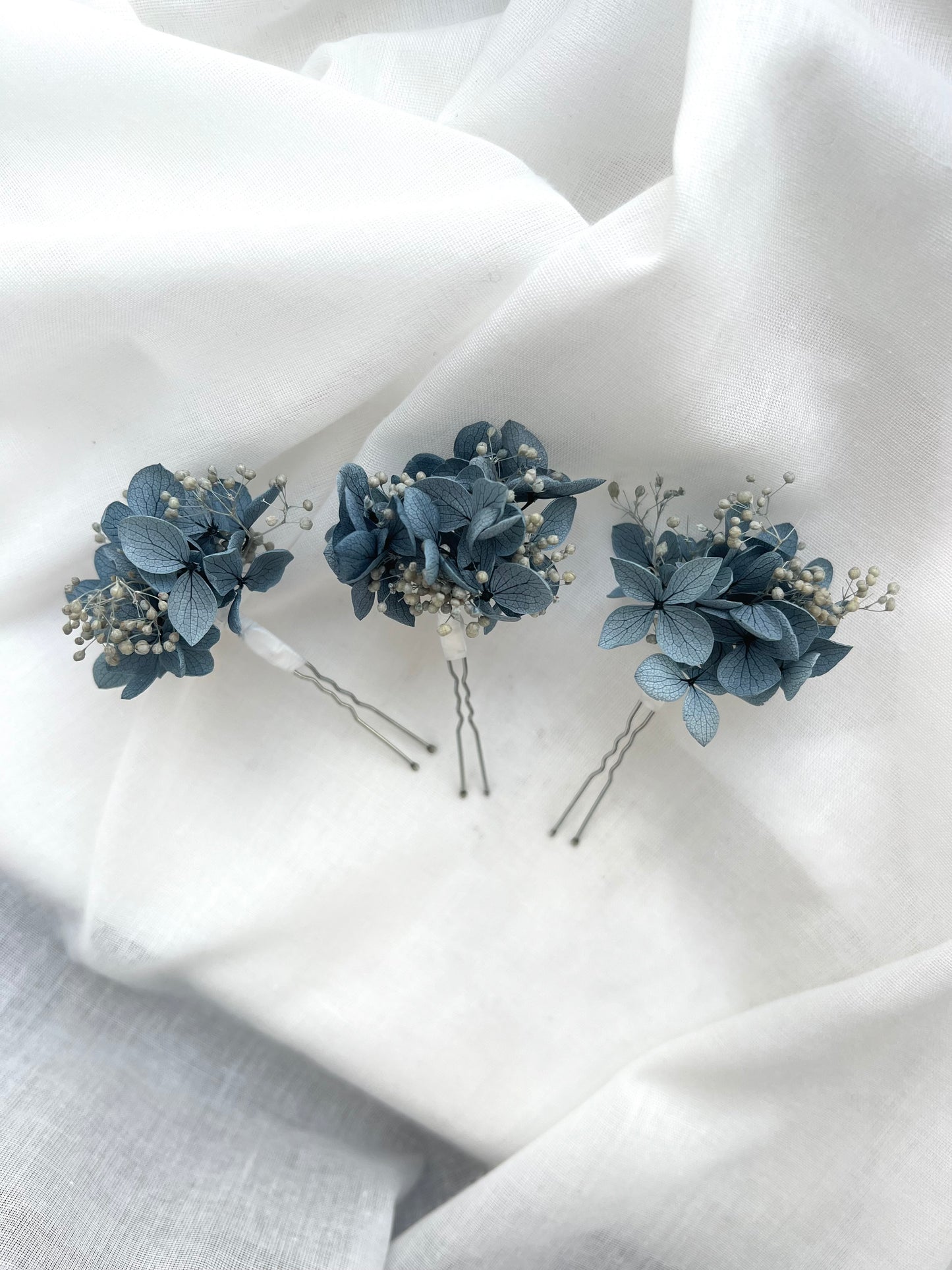Dusty Blue Wedding Hair Pins with Hydrangeas and Gypsophilas, Set of 3
