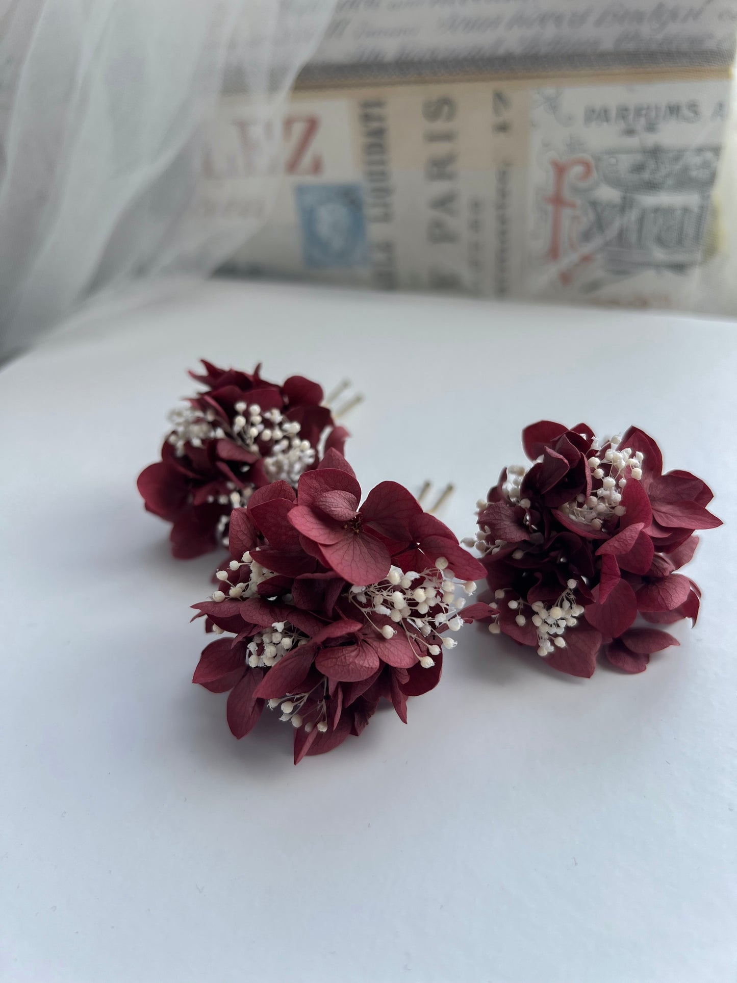 Burgundy Floral Headpiece, Hydrangea and Gypsophila Hair Pin Set of 3 for Wedding, Bridal Hair Accessories