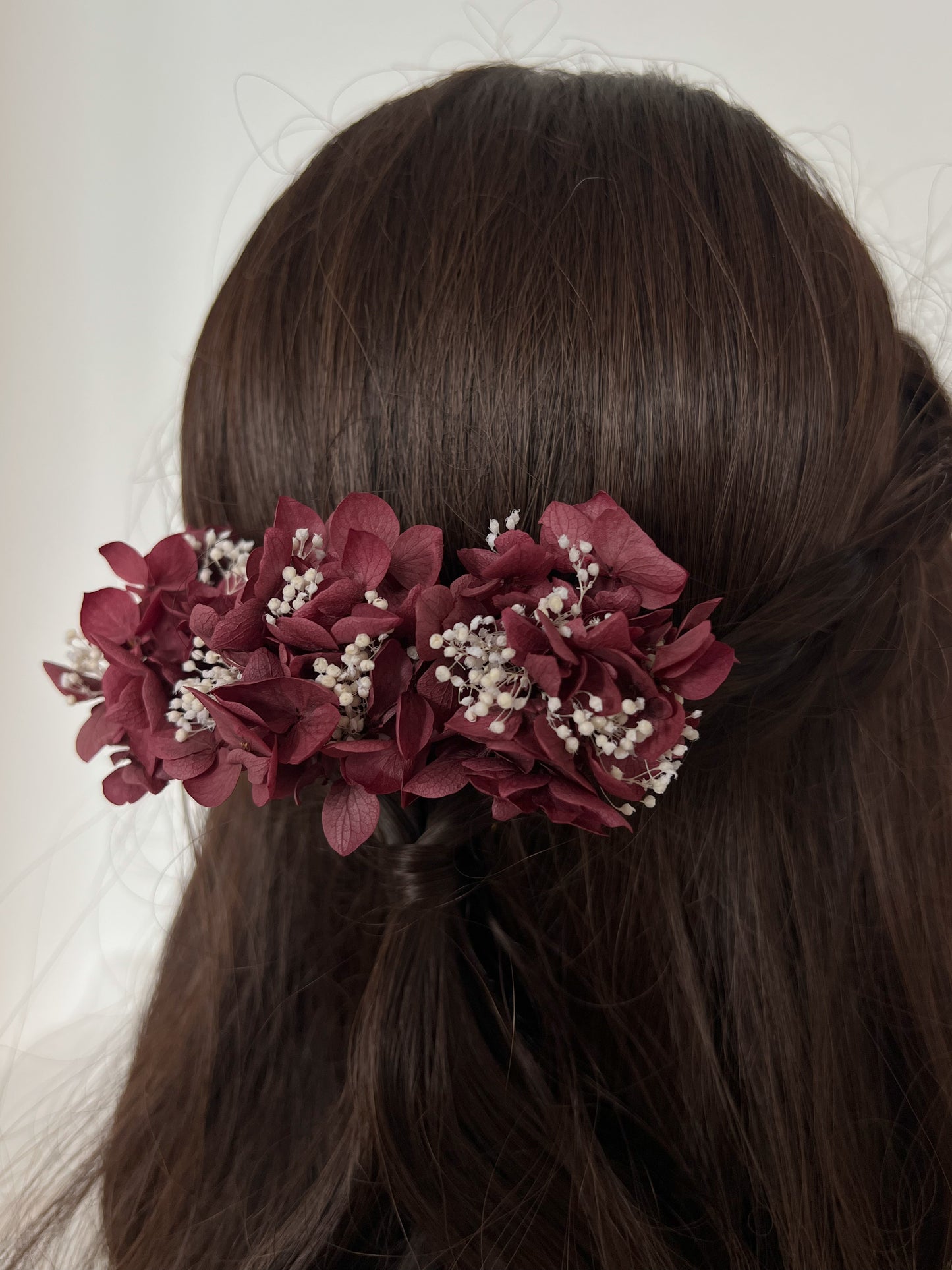Burgundy Floral Headpiece, Hydrangea and Gypsophila Hair Pin Set of 3 for Wedding, Bridal Hair Accessories