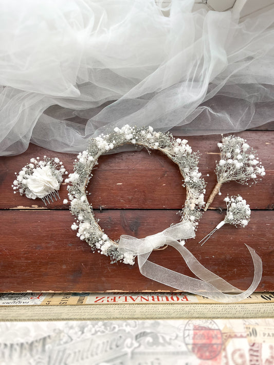 Preserved Gypsophila Headband White and Pale Blue Tiny Flower Crown and Wedding Flowers Set with Boutonniere, Babys Breath Hair Pins