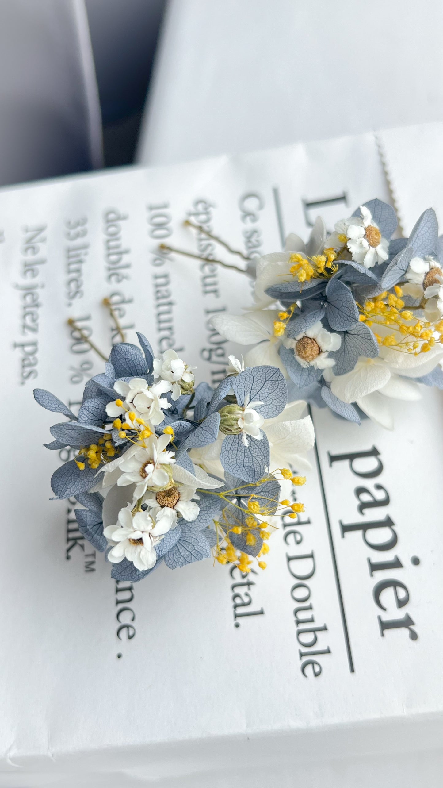 Dusty Blue Wedding, Hydrangea Hair Pins with Yellow Gypsophila and Dried Daisies