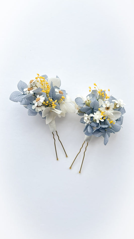 Dusty Blue Wedding, Hydrangea Hair Pins with Yellow Gypsophila and Dried Daisies
