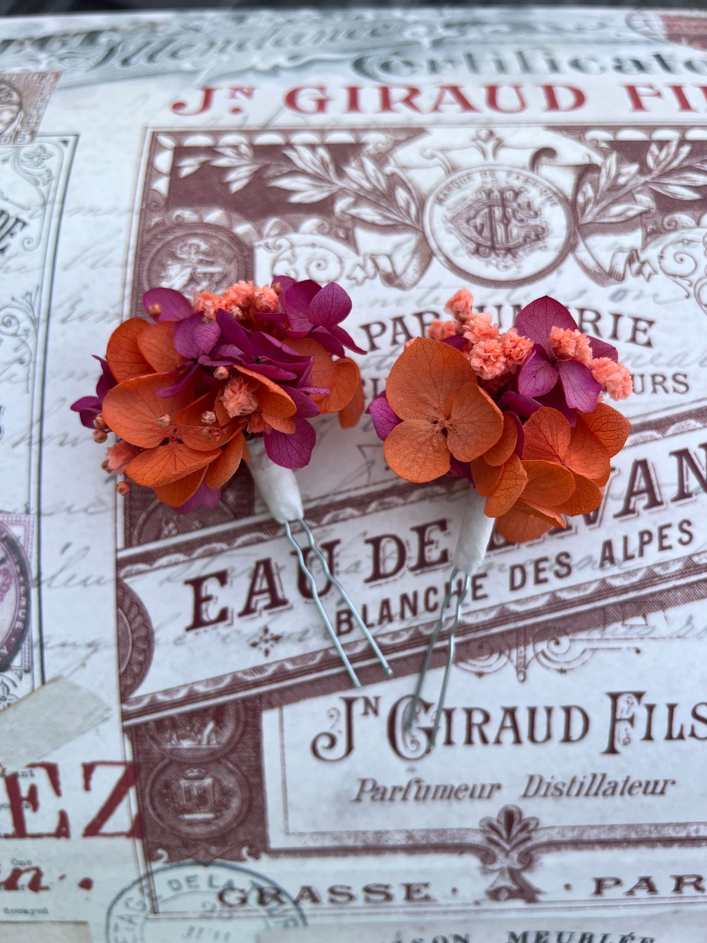 Orange and Fuchsia Floral Hair Pins for Wedding Guests, Bridal Headpiece with Preserved Hydrangeas and Gypsophilas
