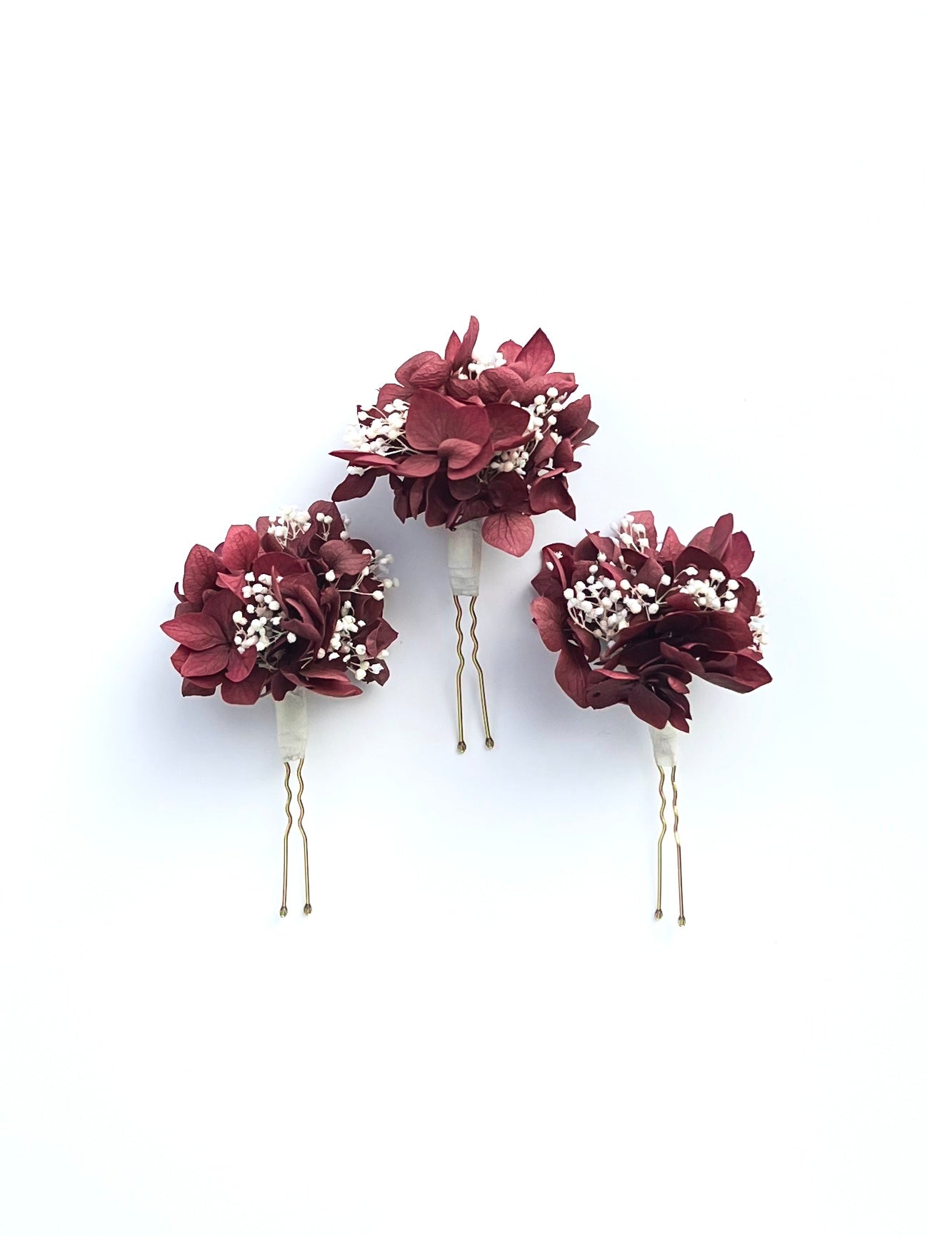 Burgundy Floral Headpiece, Hydrangea and Gypsophila Hair Pin Set of 3 for Wedding, Bridal Hair Accessories