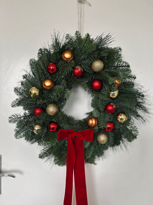 Large Christmas Wreath Red And Gold Baubles with Red Velvet Ribbon, Nordic Spruce Door Wreath Festive