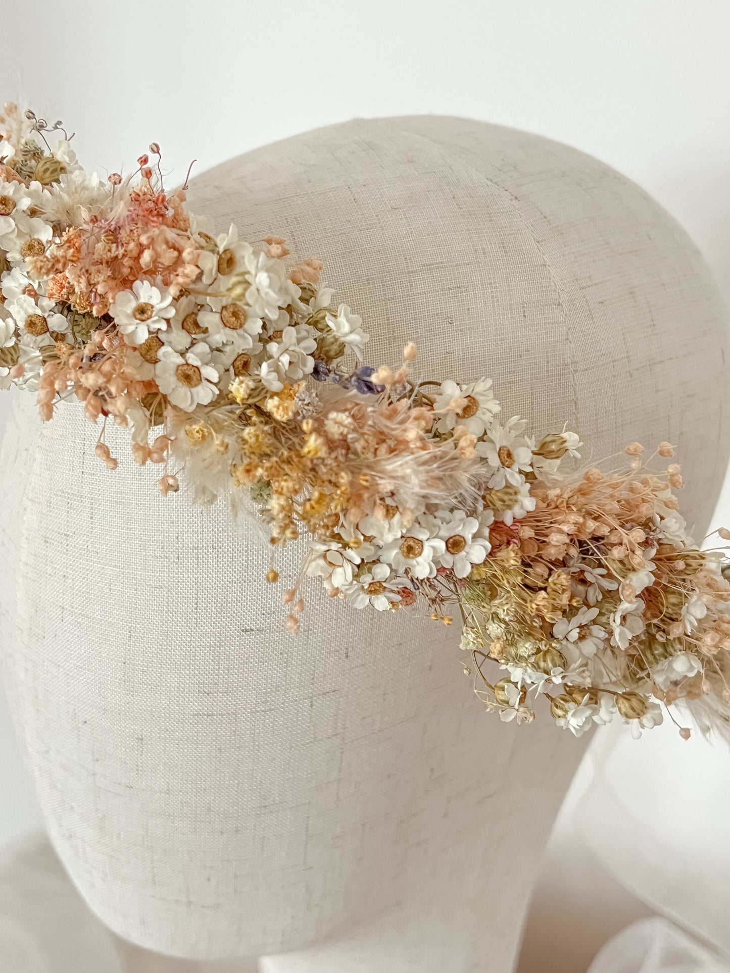 Dried Flower Crown for Wedding, Boho Bridal Headband, Pastel Flower Headpiece with Daisies