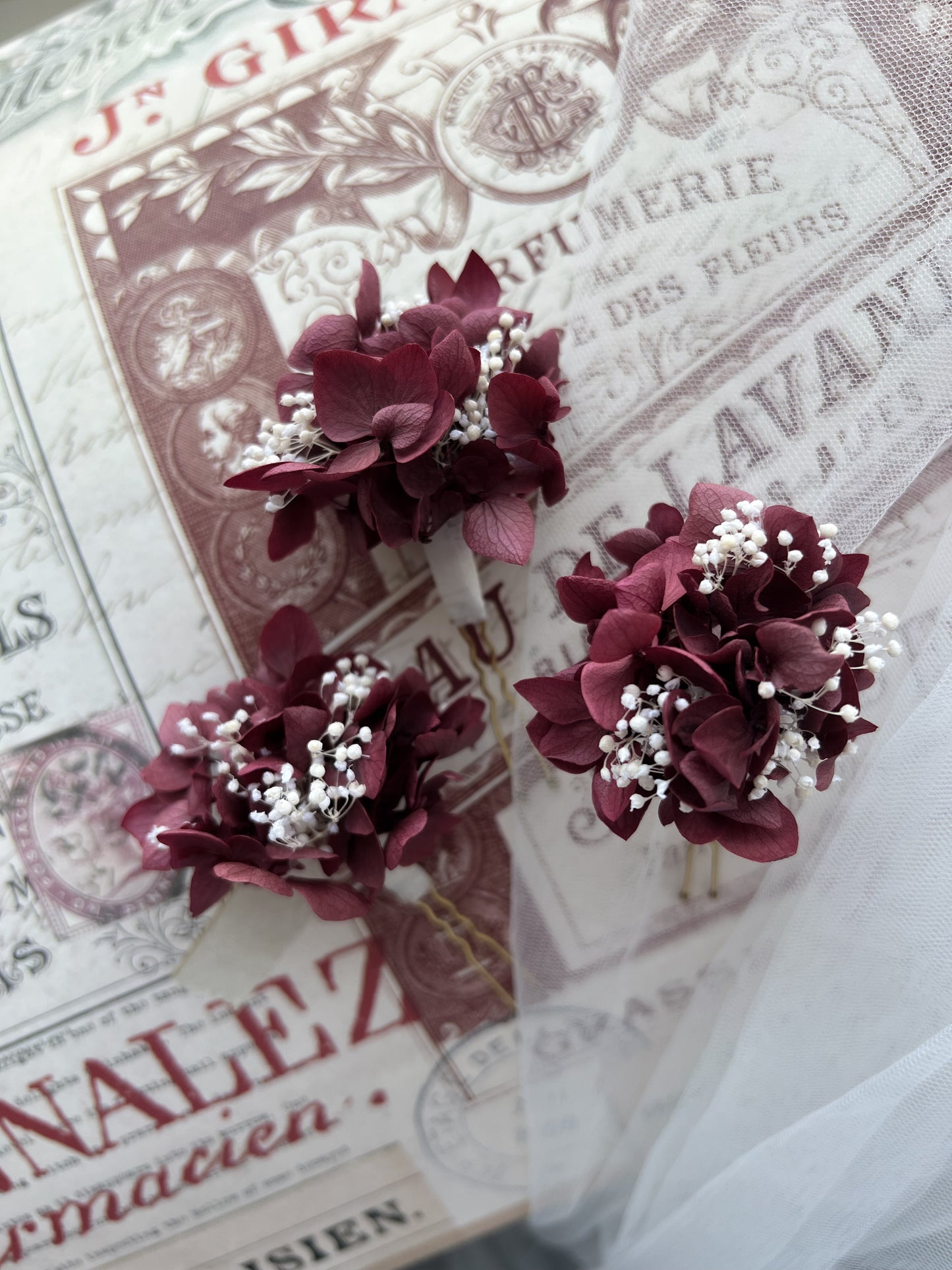 Burgundy Floral Headpiece, Hydrangea and Gypsophila Hair Pin Set of 3 for Wedding, Bridal Hair Accessories