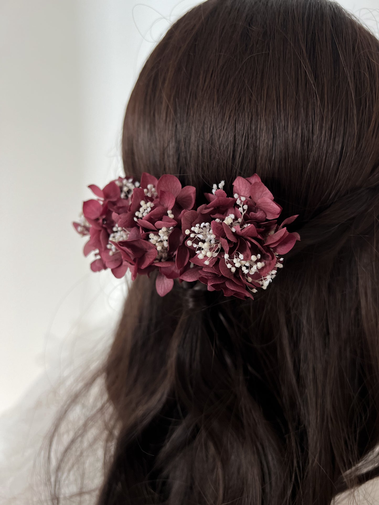 Burgundy Floral Headpiece, Hydrangea and Gypsophila Hair Pin Set of 3 for Wedding, Bridal Hair Accessories