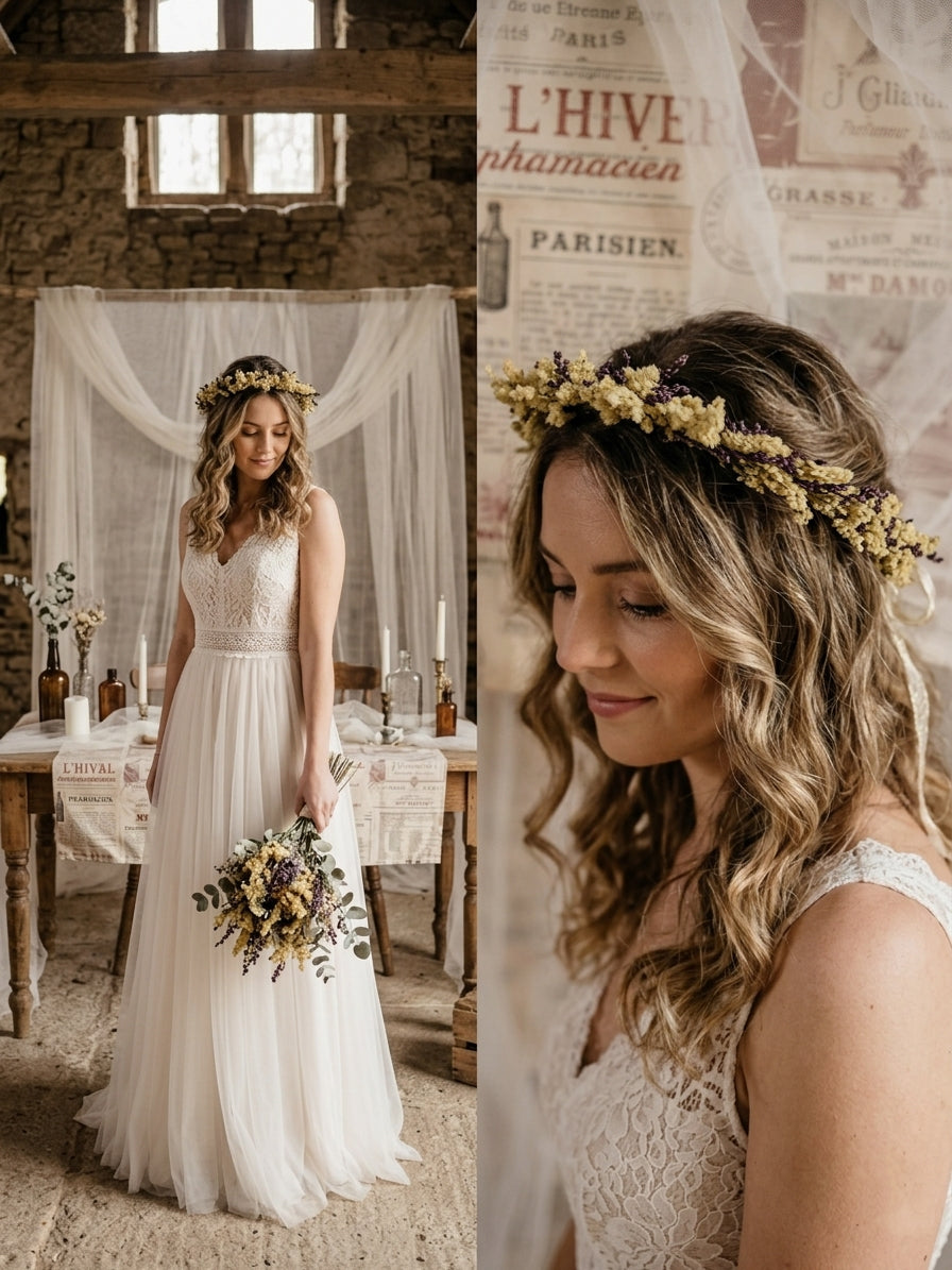 Yellow Dried Flower Crown Wildflower Headpiece for Wedding Adult and Girls