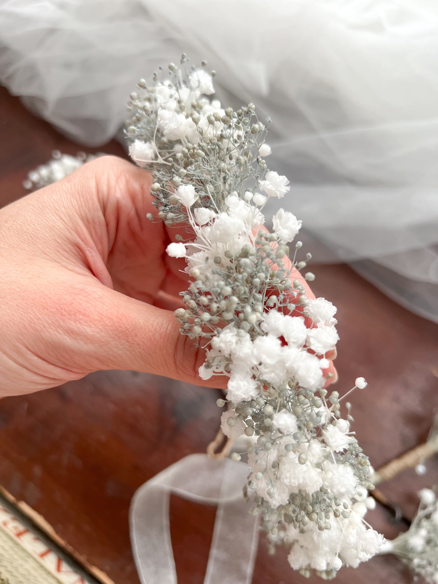 Preserved Gypsophila Headband White and Pale Blue Tiny Flower Crown and Wedding Flowers Set with Boutonniere, Babys Breath Hair Pins