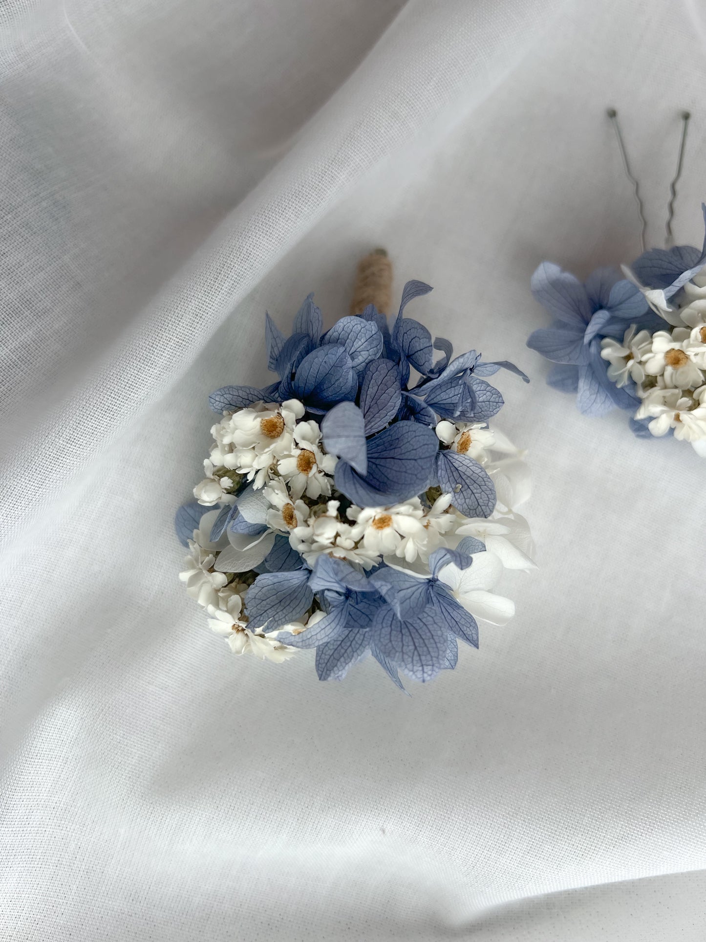 Dusty Blue Dried Daisy Hair Pins and Grooms Buttonhole Wedding set