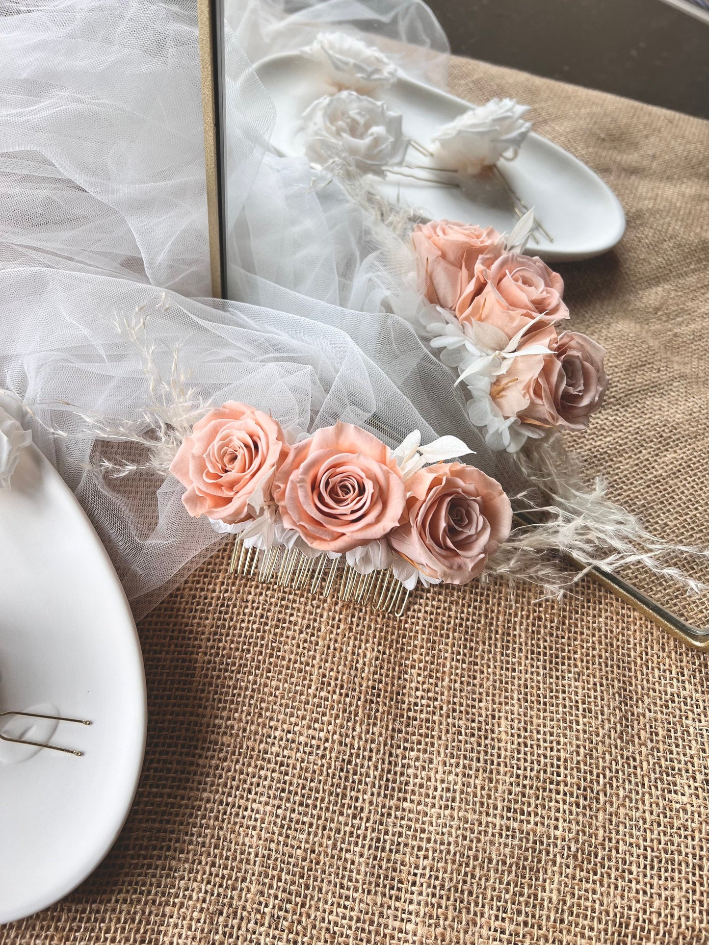 Pink Peach Rose Hair Piece, Princess Bridal Hair Piece, Preserved Rose Decorative Wedding Side Comb in Gold, Everlasting Flower Updo Hair